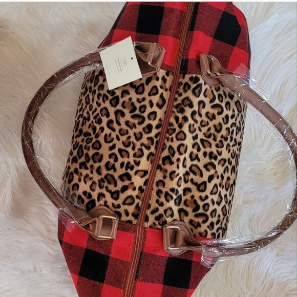 Leopard & Buffalo Plaid Duffel Bag With Brown Handles & Detachable Strap - Picture 12 of 12